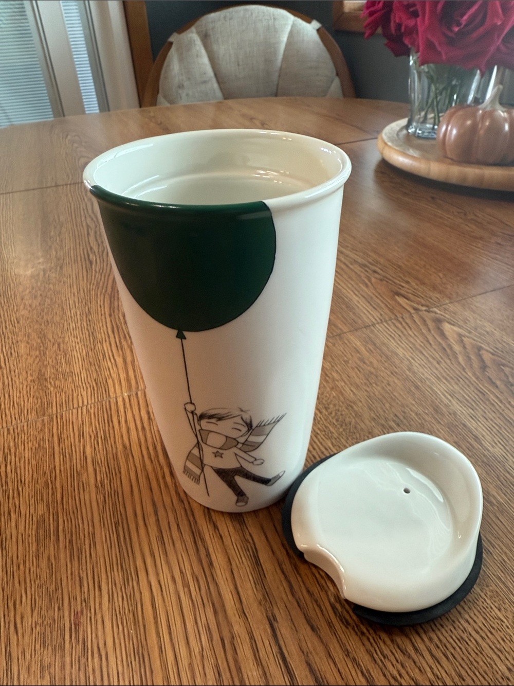 Starbucks 2014 Dot Collection Boy with Green Balloon Ceramic Travel Tumbler